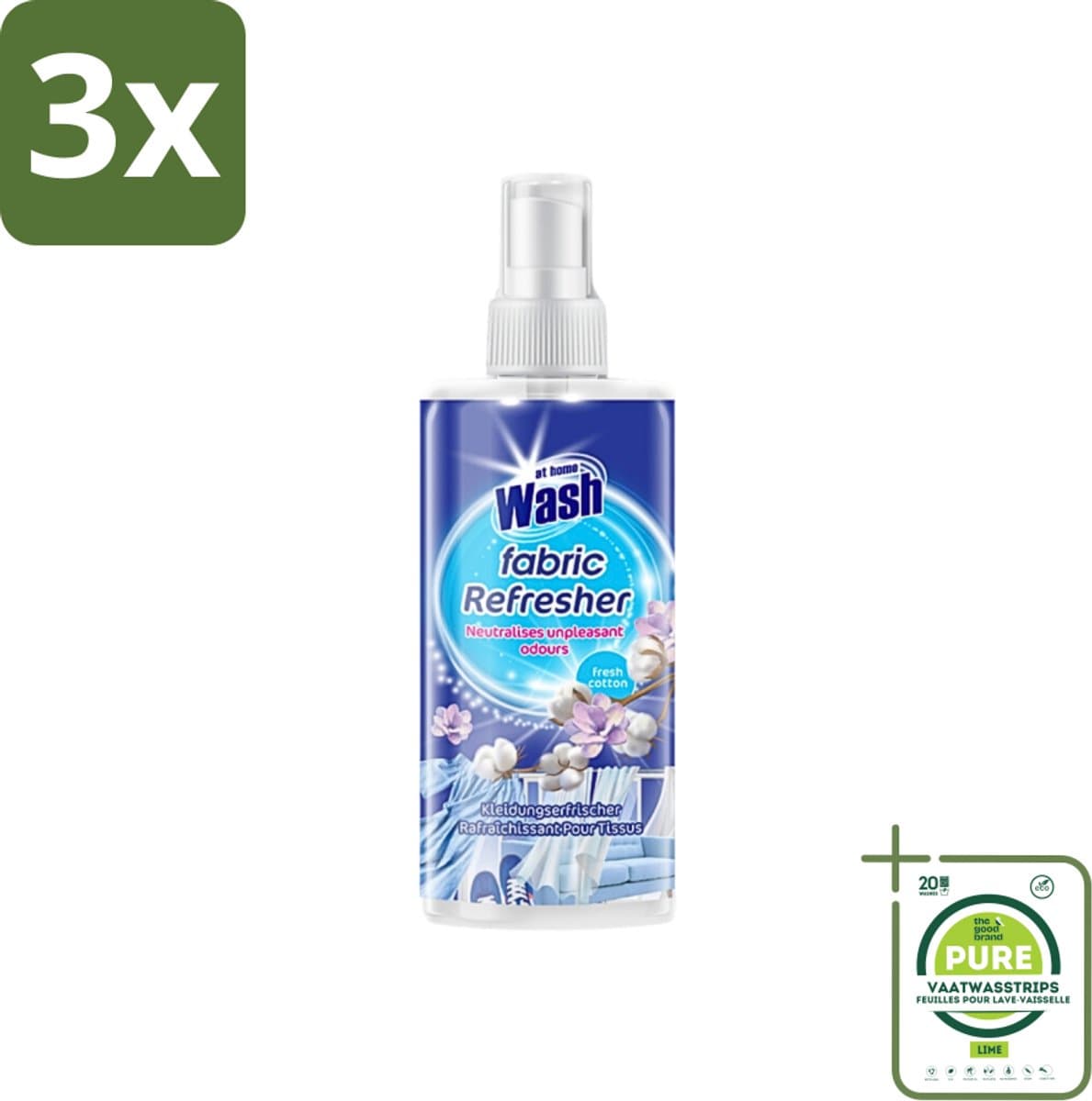 3 x At Home - Wash - Textielverfrisser - Fresh Cotton - Neutraliseert Onaangename Geuren - 300 ml - Grootverpakking - Textielverfrisser - Katoengeur - Geur Neutraliseren - Kleding Verfrissen - Stoffen Verfrissen — afbeelding 1
