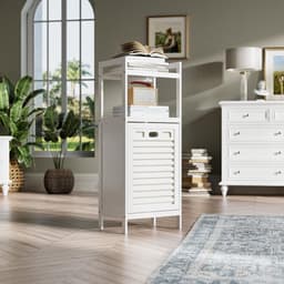 wasmandkast met verwijderbare mand en twee open planken, ruimtebesparende badkamerkast van bamboe, geschikt voor kleding, handdoeken en speelgoed, wit — thumbnail 2