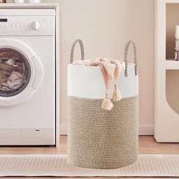 60L Katoenen Touw Wasmand Hoge Geweven Wasmand met Handvatten, Opvouwbare Kleding Mand voor Dekens Handdoeken Wasserij Opslag Kwekerij Slaapkamer Badkamer Woonkamer — thumbnail 5
