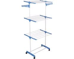 HOMIX Droogrek 3 Etages – Inklapbaar Wasrek met Wielen – 162 x 42 x 73 cm – Blauw/Wit