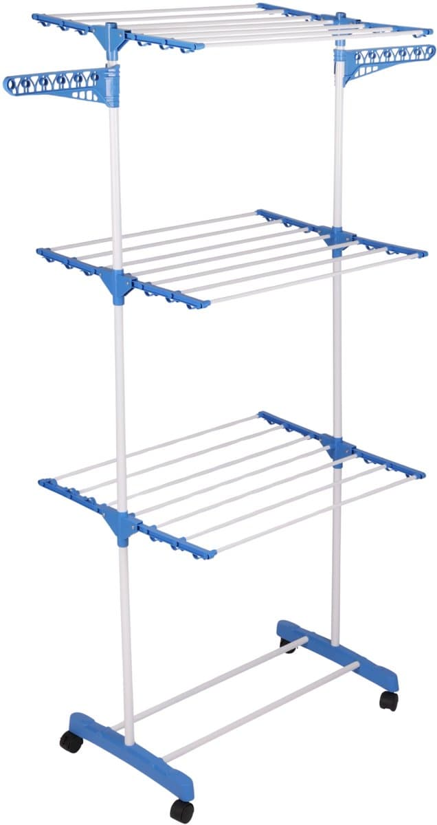 HOMIX Droogrek 3 Etages – Inklapbaar Wasrek met Wielen – 162 x 42 x 73 cm – Blauw/Wit — afbeelding 1