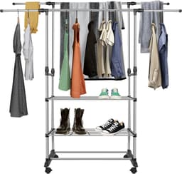 PIPIPOXER- Wasrek-Droogrek-Staand Droogrek -Uitschuifbare Droogtoren - RVS – 3 Verdiepingen – 144 meter Drooglengte- Ruimtebesparend Wasrek -144 × 42 × 150 cm CM- Droogrek op Wielen - zwart — thumbnail 4