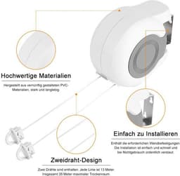Waslijn Uittrekbaar 13 Meter - Wanddroogrek - Duurzaam Materiaal - Ruimtebesparend - Intrekbaar Ontwerp - Geschikt voor Binnen/Buiten - Droogrek — thumbnail 5