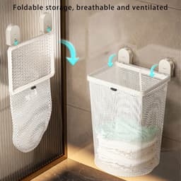 Ulisem - Zuignap wasmand - 2026 nieuw wit voor student en badkamer - Wandmontage zonder boren - Sterke zuignap voor glas en tegels - Afneembare mesh waszak - Ademend gaas voorkomt geurtjes - Incl ophanghaak - Eenvoudig te monteren - Wit — thumbnail 2