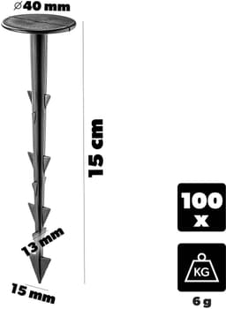 KADAX 100 stuks kunststof grondpennen – grondankers van 15 cm lang met een kopdiameter van 40 mm – grondankers voor het bevestigen van tuinvlies en onkruidvlies in de tuin — thumbnail 2