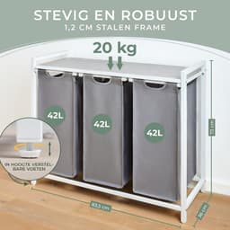 REN® Wasmand 3 Vakken - Wasmand - Wassorteerder - Wasmand Met Deksel - Grijs/Wit - 36cm x 86cm x 73cm — thumbnail 3