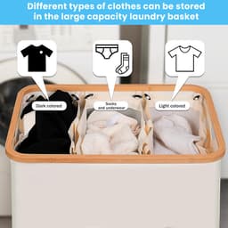SOLEA Wasmand 3 vakken – Wasmand met deksel - Grote Wasmand met Was Sortering - Wassorteerder - 160 L - Beige - Bamboe — thumbnail 3