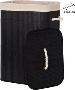 Lexorion Wasmand met Deksel Zwart - Bamboe - Wassorteerder - Wasbare katoenen waszak - Handvatten - 72 Liter - Zwart — thumbnail 1