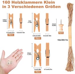 Allecto - 160 Stuks Houten Wasknijpers - Creatief Ophangen - Natuur Clips - Jute Touw en Spijkers - Decoratie voor Foto's - Geschikt voor Knutselen — thumbnail 4
