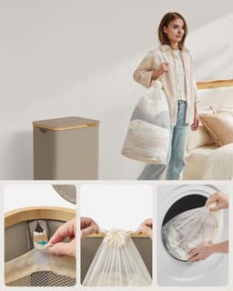 Emvae Wasmand - Smalle Wasbox met Deksel en Uitneembare Waszak - Compact - 65L - Oxford Stof/Bamboe - Beige — thumbnail 3