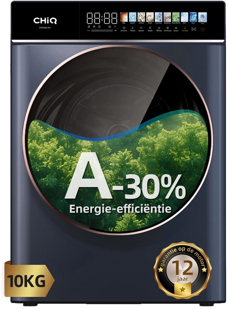 CHiQ CW106581AX - Wasmachine - 10 KG - Full Service - Space Pro - A-30% - 13.5 Inch Led-Touchscreen - 12 programma's - AI Smart - Stoomwassen & Quick Wash - 12 jaar garantie op motor — afbeelding 1