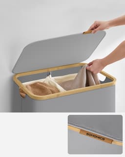 SONGMICS LCB513G01 - Wasmand met 2 Vakken - Opvouwbaar - Uitneembare Waszak - Bamboe Handgrepen — thumbnail 4