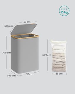 SONGMICS LCB513G01 - Wasmand met 2 Vakken - Opvouwbaar - Uitneembare Waszak - Bamboe Handgrepen — thumbnail 2