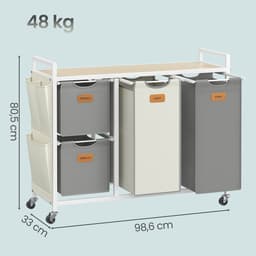 VASAGLE - Wasmand - Wassorteerder - 4 Vakken en Planken - 150L Mobiele - Uitneembare Tassen — thumbnail 2