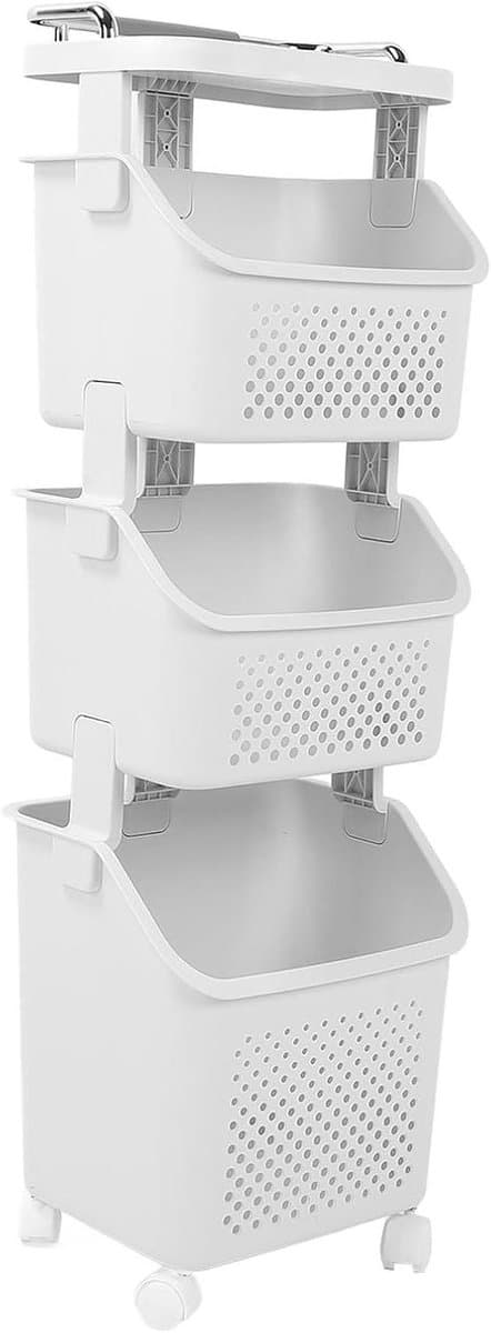 Rollende Kledingmand - Wasmand Wagen - Thuiswas Organiseren - Ruimtebesparend Stapelbaar - 43L x 35B x 31H cm - Wit — afbeelding 1