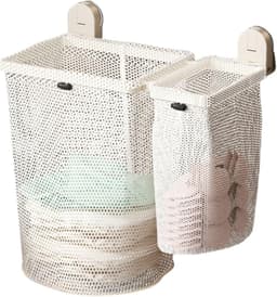 KZQ Wall-Mounted Laundry Basket With Suction Cups Foldable Carbon Steel Frame & Mesh Storage For Bathroom/Bedroom Organization Space Efficient Bathroom Clothes Bin — thumbnail 1