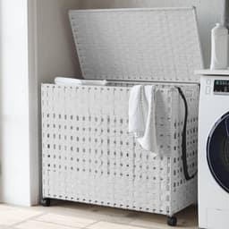 Wasmand met wieltjes - Opvouwbare mand - Was sorteren - Drie vakken - 66 x 35 x 60 cm - Wit — thumbnail 1