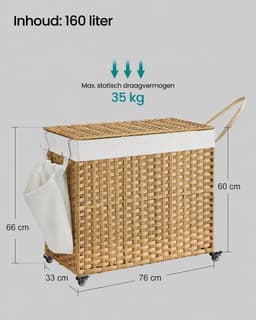 Lifero Wasmand - Verrijdbare Wasmand - Wasmand met Deksel - 160 Liter - Rotan Wasmand - 3 Vakken voor Verschillende kleuren — thumbnail 4