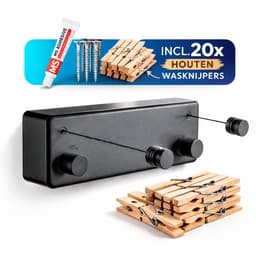 cozy.® Waslijn Uittrekbaar - Waslijndraad met stalen kern - Wasdraad - Wasrek - Roldrooglijn - Droogrek hangend - Ruimtebesparend - 8.4 m (2x 4.2m) Drooglengte - Binnen en Buiten - Incl 20 Stuks Houten Wasknijpers - Zwart — thumbnail 1