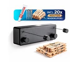 cozy.® Waslijn Uittrekbaar - Waslijndraad met stalen kern - Wasdraad - Wasrek - Roldrooglijn - Droogrek hangend - Ruimtebesparend - 8.4 m (2x 4.2m) Drooglengte - Binnen en Buiten - Incl 20 Stuks Houten Wasknijpers - Zwart
