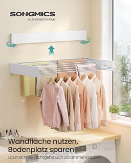 SONGMICS Wasrek wandmontage, wasdroger inklapbaar 6 stangen, wandwasdroger uittrekbaar, wanddroger, ruimtebesparend, boorsjabloon, voor binnen en buiten, 100 cm, mat wit LLR810WE01 — thumbnail 4
