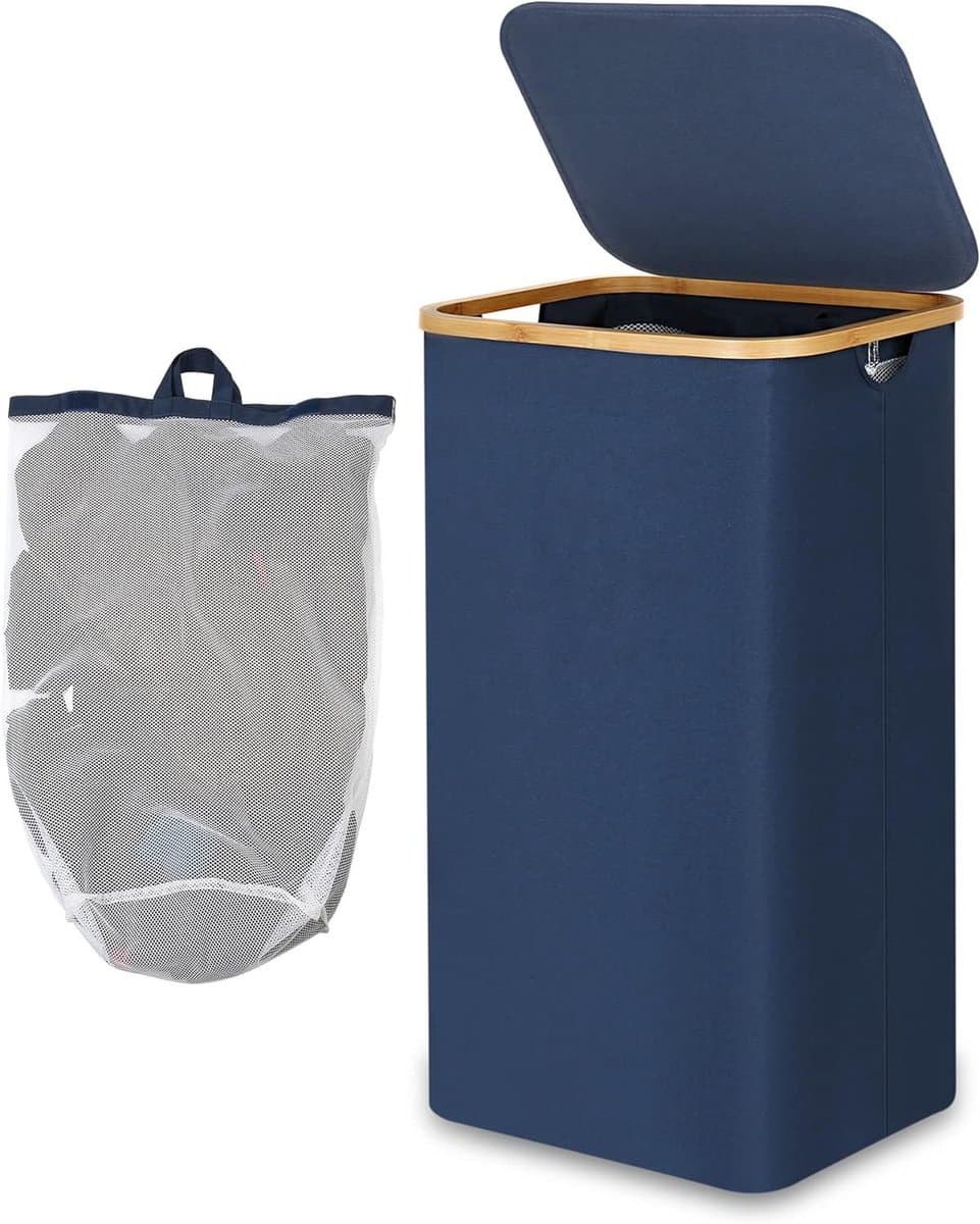 Hoge wasmand met deksel van 100 liter, opvouwbare XXL wasmand met bamboe handvat en binnenvak, ideaal voor slaapkamer en badkamer, blauw — afbeelding 1