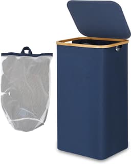 Hoge wasmand met deksel van 100 liter, opvouwbare XXL wasmand met bamboe handvat en binnenvak, ideaal voor slaapkamer en badkamer, blauw — thumbnail 1
