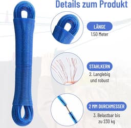 Waslijn - Drooglijn - Kleding Drogen - Extra Sterke Kern - 50 Meter - Blauw — thumbnail 3