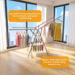Opvouwbare dubbele wasrek – met hoogteaanpasbare vleugelsteunen – vrijstaand ruimtebesparend ontwerp – geschikt voor het drogen van kleding en beddengoed – geschikt voor binnen en buiten – driedelige wasrek met schoenenrek – grijs — thumbnail 4