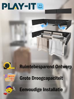 PLAY IT Wanddroogrek 140cm Inklapbaar XXXL Zwart - 12.6 Meter Drooglengte + 2 Handdoek Haakjes — thumbnail 5