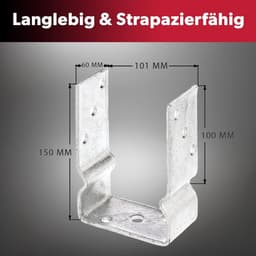 1x U-vormige paalsteun, vrije breedte 91 mm, totale lengte 150 mm, thermisch verzinkt staal, paalsteun voor vastschroeven of betonneren, U-profiel staal, grondanker, balkdrager — thumbnail 5