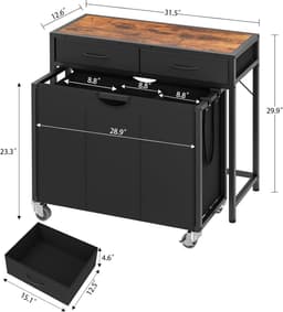 Wassorteerder met Wielen - Roller Wasmand Organizer - Was Sorteren en Opbergen - 3 Secties Uittrekbare Zakken - 80x32x76 cm — thumbnail 5