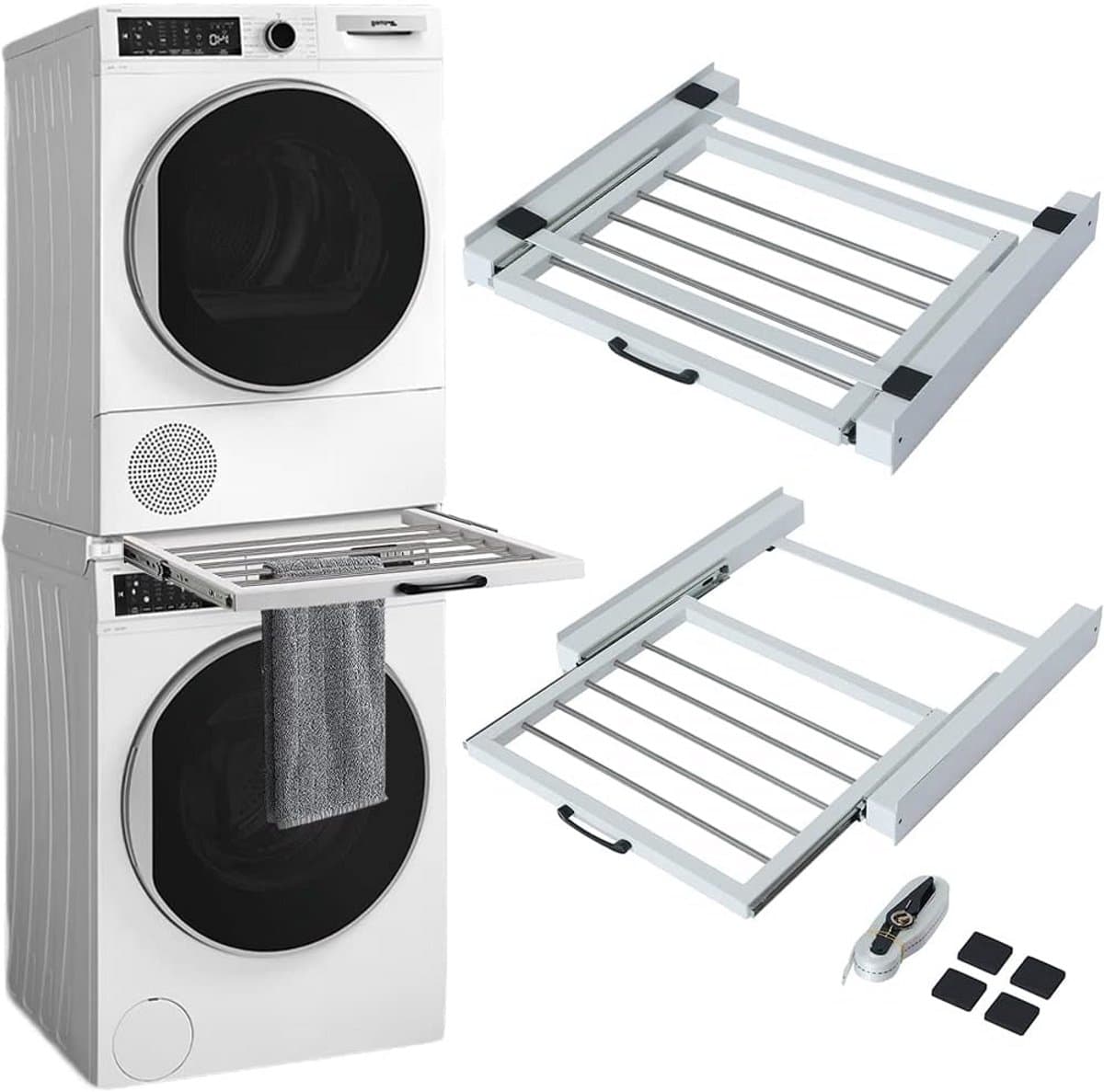 Aansluitset Wasdroger - Stapelkit - Ruimte Besparen - Met Uittrekbaar Rek - Universeel 60cm - Wit — afbeelding 1