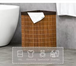 Bamboe Wasmand Hoekmodel met Deksel - 55 Liter - Hoekwaskorf Inklapbaar - Bruin — thumbnail 3