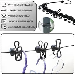 Dailygoods- Waslijn Draagbaar - Oprolbaar - Elastisch - 12 Klemmen - Uittrekbaar 180/360 cm - Lichtgewicht en Compact - Reiswaslijn — thumbnail 5