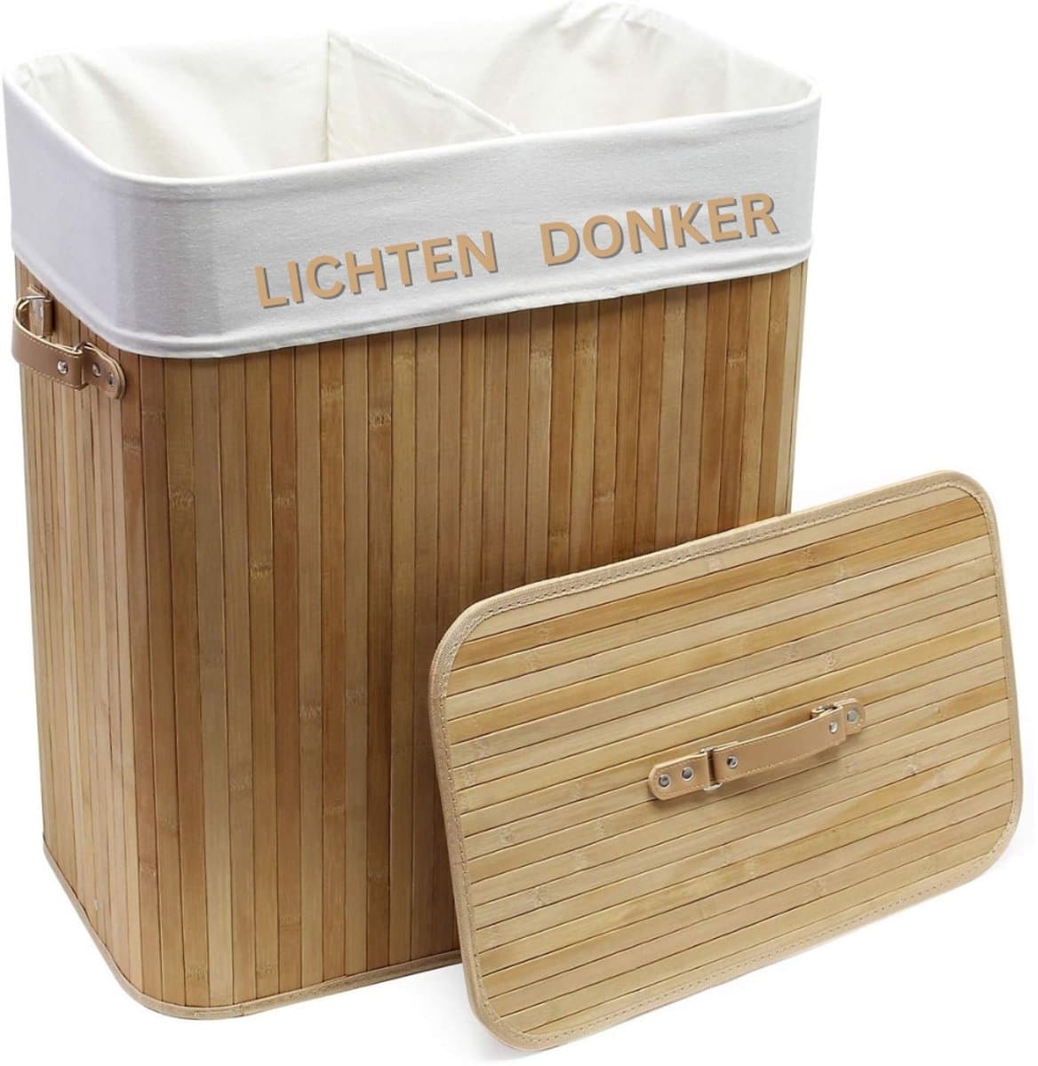 Fabono-Bamboe Wasmand 105 Liter met 2 Vakken – Grote Wassorteerder met Deksel & Linnen Waszakken – Rechthoekige Wasbox met Handgrepen voor Badkamer en Wasruimte — afbeelding 1