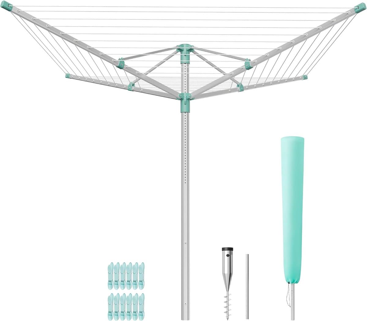 SONGMICS Kleding Luchtbeker In Hoogte Verstelbaar Aluminium Legering Buiten Kleding Luchtbekit met Grond Anker Beschermhoes Wasknijpers Zilver Groen 50m Waslijn 5 Ladingen LLR301E01V1 — afbeelding 1