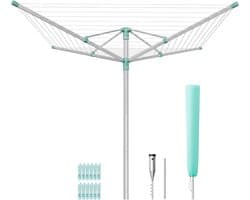 SONGMICS Kleding Luchtbeker In Hoogte Verstelbaar Aluminium Legering Buiten Kleding Luchtbekit met Grond Anker Beschermhoes Wasknijpers Zilver Groen 50m Waslijn 5 Ladingen LLR301E01V1