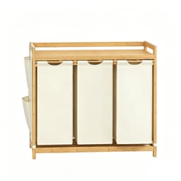 Wasmand opbergmand vuile was sorteermand driedelig ontwerp 150L grote opbergruimte met uittrekbare binnenvoering, bovenste plank en zijvak stabiele bamboestructuur geschikt voor thuis badkamer en wasruimte 94×33×78 cm naturel houtkleur + beige — thumbnail 1