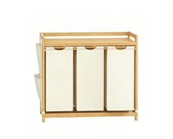 Wasmand opbergmand vuile was sorteermand driedelig ontwerp 150L grote opbergruimte met uittrekbare binnenvoering, bovenste plank en zijvak stabiele bamboestructuur geschikt voor thuis badkamer en wasruimte 94×33×78 cm naturel houtkleur + beige