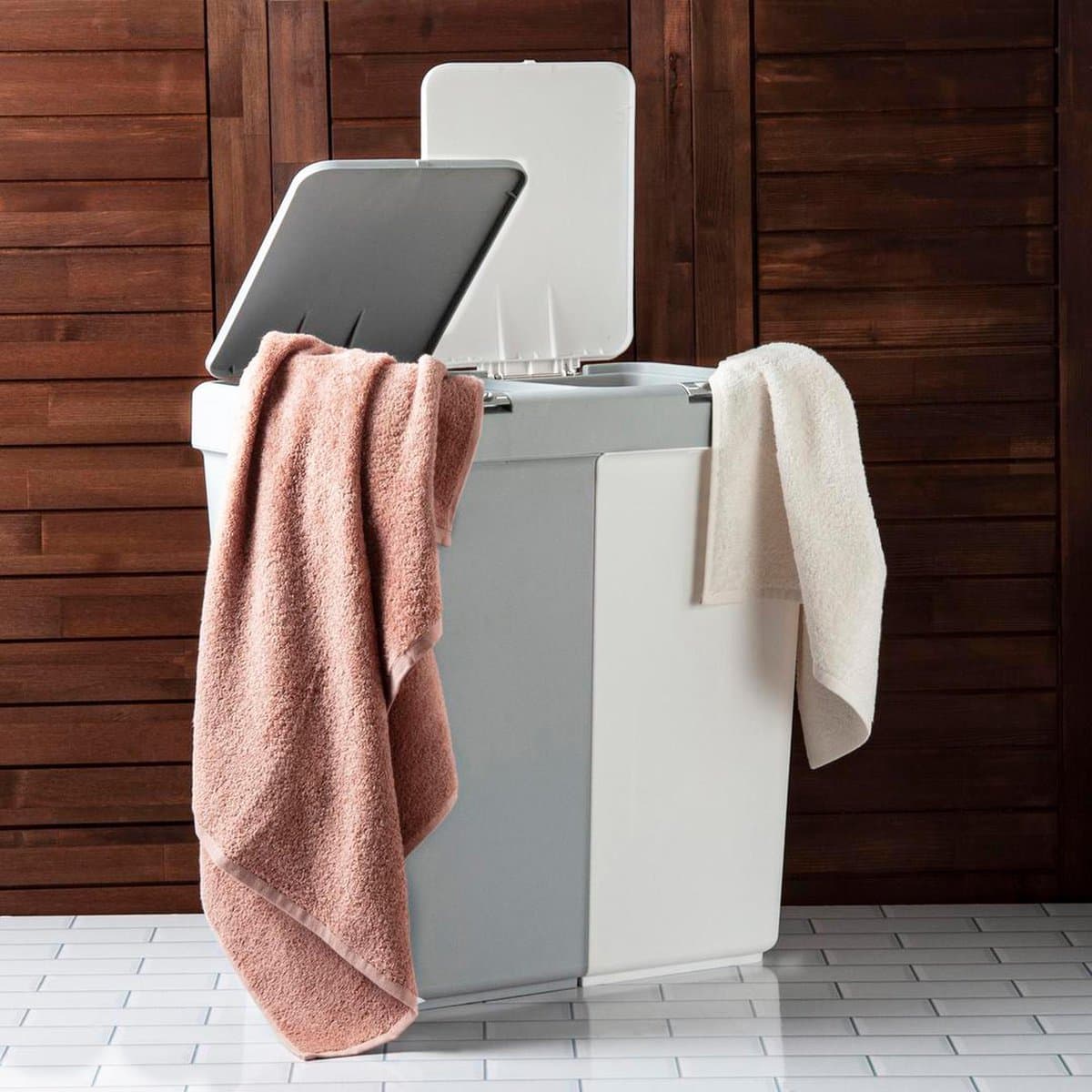 Motek® - Wasmand - 2 Vakken met Deksel - Met Touch Deksel - Gemaakt van 100% gerecycled kunststof - 80 L - wasmand met deksel - Wassorteerder - Grijs - Wit — afbeelding 1
