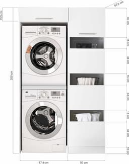 Wasmachine kast en wasmand kast - Wasmachine kast en droger kast - Wasmachine ombouw - Houten wasmachine meubel - Wit — thumbnail 5