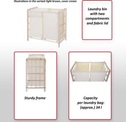 Wasbak MCW-B60, Wasbox wasmand, massief hout 2 vakken 60x60x33cm 68l ~ lichtbruin, deksel crème — thumbnail 4