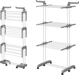 Wasrek Hoog - Toren Droogrek - Opvouwbaar Wasrek Met 6 Opvouwbare Vleugels Op 3 Niveaus - Uitschuifbaar - Lengte 66-130 Cm - Opvouwbare Poten Besparen Ruimte Binnen En Buiten Het Huis - (Grijs) — thumbnail 1