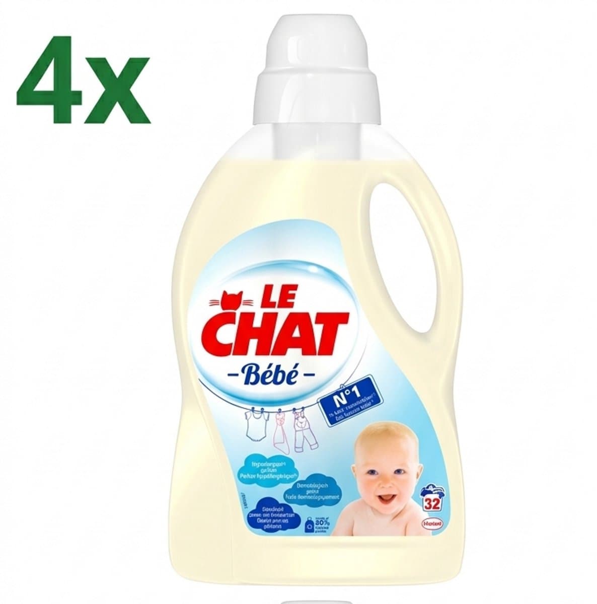 (4x) Le Chat Vloeibaar Wasmiddel Bébé – Hypoallergeen & Zacht voor Babyhuid – 32 Wasbeurten – 1440 ml – Voor Gevoelige Was — afbeelding 1