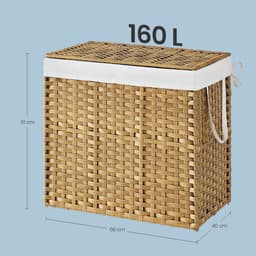 SONGMICS - Wasmand - Wasmand met 2 Vakken - Opvouwbare Rattan Mand met Deksel en Handgrepen - Uitneembare Waszak — thumbnail 2