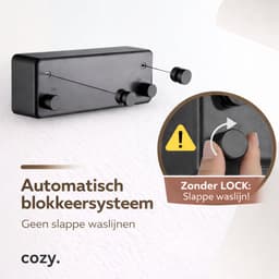 cozy.® Waslijn Uittrekbaar - Waslijndraad met stalen kern - Wasdraad - Wasrek - Roldrooglijn - Droogrek hangend - Ruimtebesparend - 8.4 m (2x 4.2m) Drooglengte - Binnen en Buiten - Incl 20 Stuks Houten Wasknijpers - Zwart — thumbnail 4