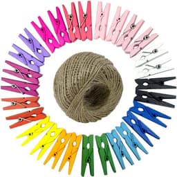 Houten Waslijnklemmen Kleurrijk - 100 Stuks Mini Knijpers met 100m Jute Touw voor Foto's en Decoratie — thumbnail 1