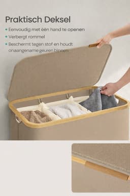 Delightness Wasmand - Wasmand 3 Vakken - Wasmand Met Deksel - Wasmanden - Uitneembare Waszak - 150 L - Bamboo - Camel Bruin — thumbnail 3
