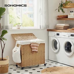 SONGMICS Wasmand, handgeweven, wasverzamelaar, 140 L, gemaakt van polyrattan, met 3 compartimenten, uitneembare zak, deksel, handvaten, voor woonkamer, badkamer, 66 x 33 x 60 cm, kleur naturel LCB363N01 — thumbnail 5